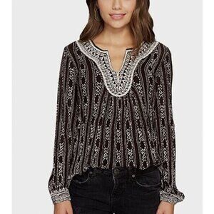 Lucky Brand Top Womens Large Black White Boho Embroidered Sequin Knit Tribal